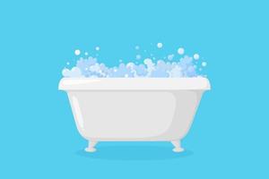 Bathtub with foam. Bubbles and suds in the tub ready for relax bathing isolated in blue background. Vector illustration