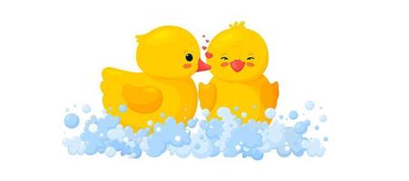 Rubber duck kissing another duck. Yellow toys in foam. Vector illustration