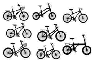 poner bicicletas de la colección de ilustraciones de vectores de silueta sobre fondo blanco.