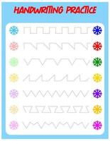 Tracing lines with snowflake. Handwriting practice for children.Practicing fine motor skills. Educational game for preschool kids. Vector illustration