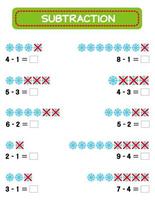 Subtraction.  Math worksheet for kids. Developing numeracy skills. Solve examples and write. Mathematics. Vector illustration.Educational math children game. Subtraction for kids