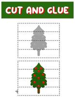 Cut and glue game for kids . Puzzles with an christmas tree. Children funny entertainment and amusement.Vector illustration. Cutting practice for preschoolers. vector