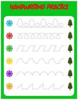Tracing lines with snowflake and christmas tree. Handwriting practice for children.Practicing fine motor skills. Educational game for preschool kids. Vector illustration.