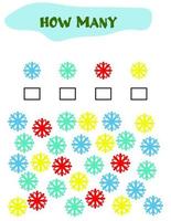 Counting Game for Preschool Children. Educational a mathematical game. Count how many snowflakeand write the result. Math worksheet for kids vector