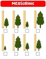 medir la longitud con la regla. hoja de trabajo de desarrollo educativo. juego para niños. ilustración vectorial. Hojas de práctica. Medida del árbol de Navidad en pulgadas. vector