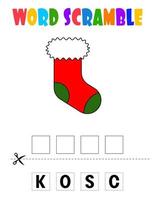 Sock Word scramble . Educational game for kids. English language spelling worksheet for preschool children.