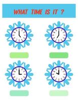 What time is it. Learning time on the clock. Educational activity worksheet for kids and toddlers. Preschool game. Puzzle with clock .   Education Game for Children vector