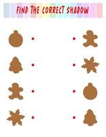 Find the right shadow. Cute christmas cookies. Educational game with ginger cookies. Logic games for children with an answer. A training card with a task for preschool and kindergarten children. vector