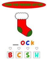 Educational spelling game for kids.Education puzzle for children find missing letter of cute cartoon sock printable bug worksheet. vector
