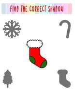 Find the right shadow. Cute christmas sock. Educational game with fruits. Logic games for children with an answer. A training card with a task for preschool and kindergarten children. vector