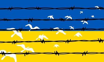 Flying birds in Ukrainian blue and yellow flag colors escaping barbed wire fence. Freedom concept. Hand drawn vector illustration. Pray for Ukraine