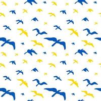 Seamless pattern with flying birds in Ukrainian flag yellow and blue colors. Vector illustration