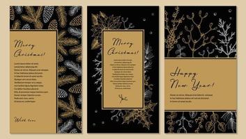 Set of Merry Christmas and Happy New Year vertical greeting cards with hand drawn golden botany elements. Vector illustration in sketch style. Festive backgrounds. Social media stories templates