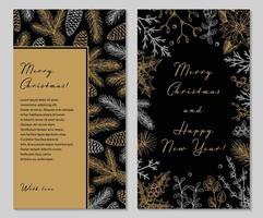 Two side Merry Christmas and Happy New Year vertical greeting card with hand drawn golden botany element. Vector illustration in sketch style. Festive backgrounds. Social media stories templates