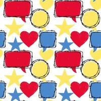 Textured seamless pattern with stars, hearts and speech bubbles. Vector illustration in sketch style