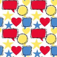 Textured seamless pattern with stars, hearts and speech bubbles. Vector illustration in sketch style