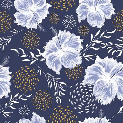 Flower seamless pattern with abstract ornament on dark blue color. pattern for paper, textile, fabric, print, decor ornament, cover etc