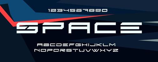 Geometric futuristic font. Wide modular strict letters and numbers for science and innovative technology, science fiction headline, sport monogram and spaceship logo. Minimalist typographic design. vector