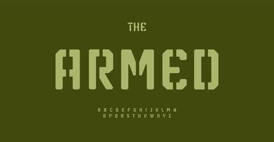 Stencil font for military gaming type design. Geometric typo chamfered letter set for cybersports game. Khaki green typeset for modern techno logo and headline. Vector alphabet.