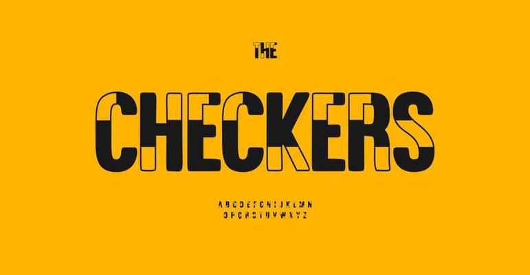 Decorative spotted font, unusual stencil letters, abstract chess checkers style, black white color alphabet for attention logo, headline of gambling, and architecture. Vector typographic design.