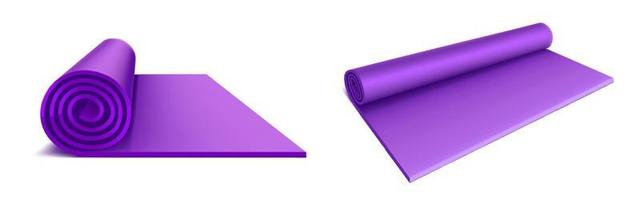 Yoga mat top and side view, purple rolled mattress vector