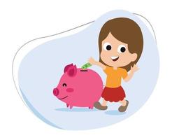 cartoon character of girl keeping dollar bill in piggy bank. simple way of investing for kids