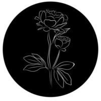 Drawing of a peony with a white line on a black background of rounded shape, logo, icon. Elegant flower line, vector art illustration.