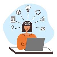 Happy business woman with multitasking skills sitting at his laptop with office icons on a background. Freelance worker. Multitasking, time management and productivity concept. Vector illustration.