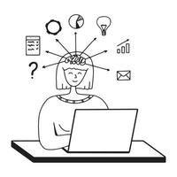 Happy business woman with multitasking skills sitting at his laptop with office icons on a background. Freelance worker. Multitasking, time management and productivity concept. Vector illustration.