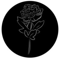 Drawing of a peony with a white line on a black background of rounded shape, logo, icon. Elegant flower line, vector art illustration.