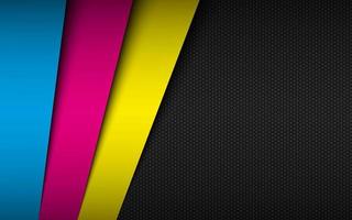 Black material background with stripes in cmyk colors and hexagonal grid pattern. Print design banner for your business. Abstract vector illustration