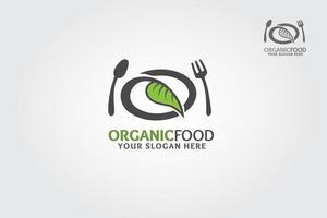 logotipo de alimentos orgánicos con símbolo de tenedor y hoja. plantilla de logotipo de alimentos saludables. vector
