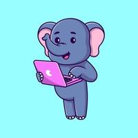lindo elefante jugando ilustración de iconos de vector de dibujos animados de computadora portátil. concepto de caricatura plana. adecuado para cualquier proyecto creativo.