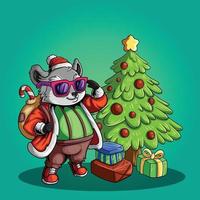 dibujos animados de navidad de mapache con gafas y regalos vector