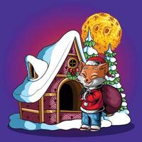 Fox with gift at night christmas house vector