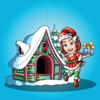 Happy Girl Christmas with winter house vector