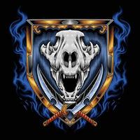 Dog skull with sharp sword and shield on fire vector