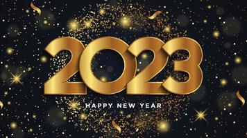 Happy new year 2023. Golden numbers with Christmas decoration and confetti on dark blue background. vector