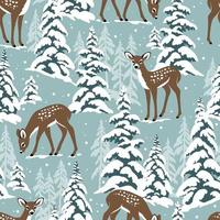 Snowy landscape seamless pattern with deer and snowy pine trees. Perfect for textile, wallpaper or print design. vector