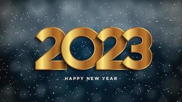 feliz año nuevo 2023. hermoso telón de fondo nevado. numeros decorativos dígitos dorados decoración navideña creativa vector