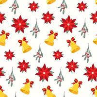Seamless Christmas pattern of red poinsettia, bells with plaid ribbon, and mistletoe on isolated background. Design for wrapping paper, scrapbooking, celebration of New Year and Christmas holidays. vector