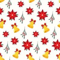 Seamless Christmas pattern of red poinsettia, bells with plaid ribbon, and mistletoe on isolated background. Design for wrapping paper, scrapbooking, celebration of New Year and Christmas holidays. vector