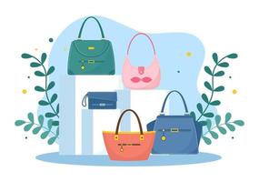 tienda de bolsos con colección de varios bolsos de calidad y diferentes tipos de estilo de vida en ilustración de plantilla de caricatura dibujada a mano plana vector