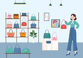 tienda de bolsos con colección de varios bolsos de calidad y diferentes tipos de estilo de vida en ilustración de plantilla de caricatura dibujada a mano plana vector