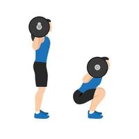 Man doing Squat with barbell exercise. Flat vector illustration isolated on white background