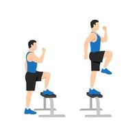 Man doing Step up with knee raises exercise. Flat vector illustration isolated on white background