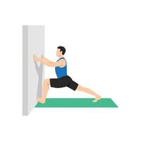 Man doing Virabhadrasana I to the wall exercise. Flat vector illustration isolated on white background