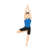 Man doing tree pose vrksasana exercise. Flat vector illustration isolated on white background