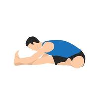 Man doing head to knee forward bend pose Janu sirsasana exercise. Flat vector illustration isolated on white background