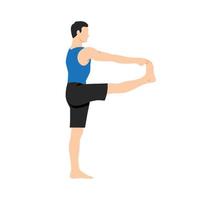 hombre de pie con la mano extendida al ejercicio del dedo gordo del pie, pose utthita hasta padangustasana. ilustración vectorial plana aislada sobre fondo blanco vector